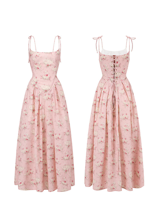Pastoral Pink Vintage Floral Lace-Up Dress