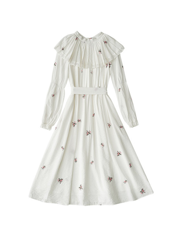 Floral Embroidery Vintage Ruffled Cotton Dress