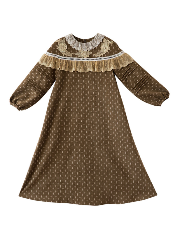 Vintage Floral Brown Corduroy Dress