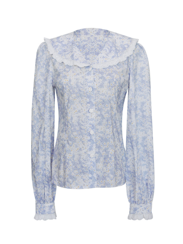 Vintage Blue Floral Lace Trim Blouse