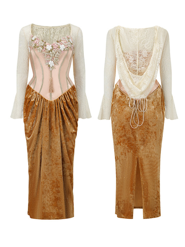 Vintage Floral Embroidered Velvet Dress