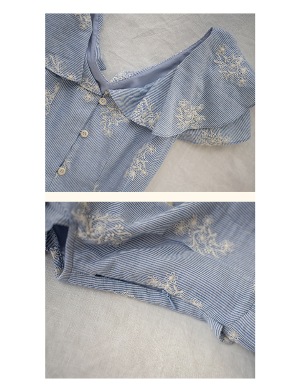 "Close-up view of a light blue floral dress with delicate embroidered floral patterns, showcasing the ruffled neckline and button-down front. The second detail shot highlights the subtle side pocket, blending seamlessly into the fabric for a refined, vintage-inspired look.