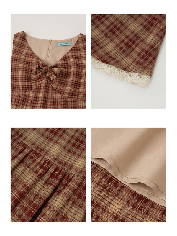 Summer Red Plaid Ribbon Dress