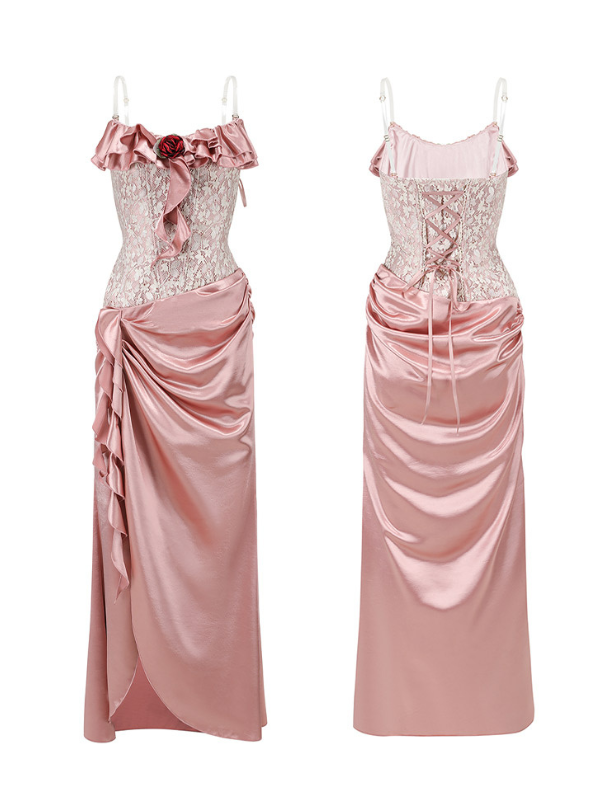 Rosette Corset Satin Rose Gown