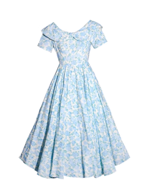 Front view of a blue floral dress with a charming peter pan collar and a flowing, vintage-inspired skirt, creating a romantic fairytale aesthetic.