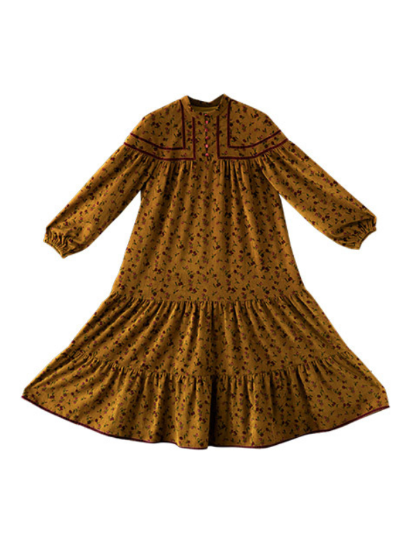 Vintage Golden Floral Corduroy Dress