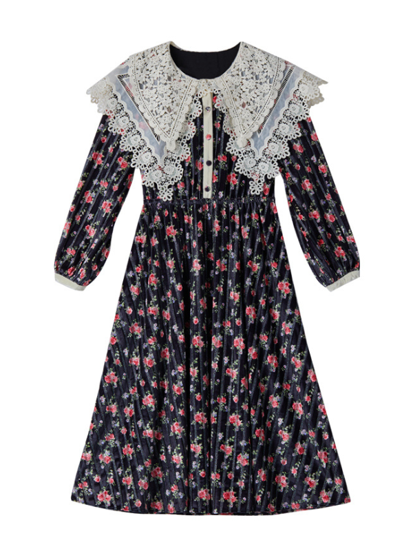 Velvet Rose Lace Collar Cottagecore Dress