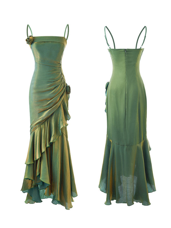 Close-up of silk-like green dress showing rose appliqué and side pleats, showing front and back.