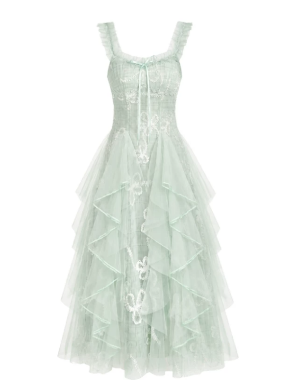 Mint Fairy Bow Lace Tulle Maxi Dress