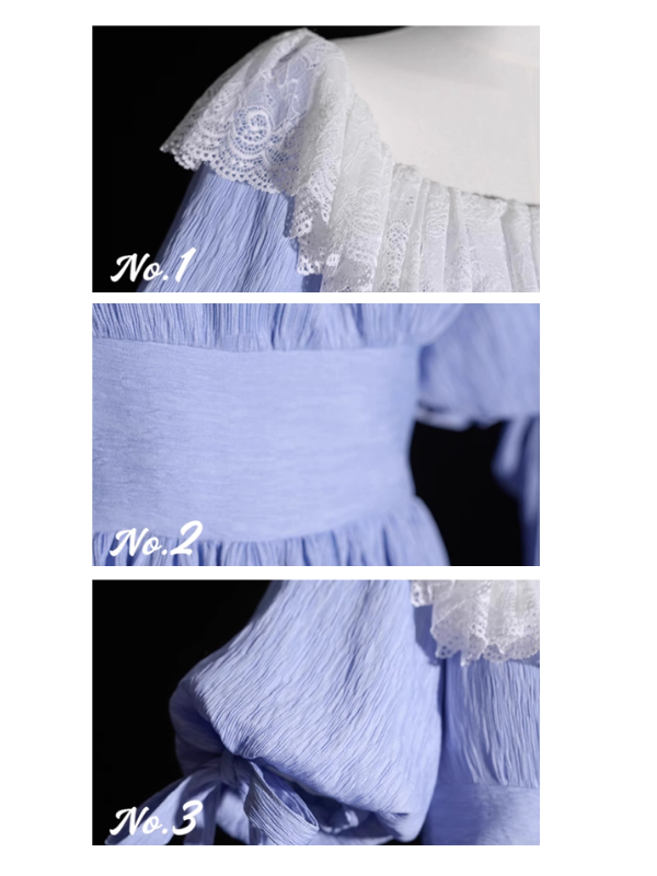 Close-up shots of a dreamy blue fairytale dress, featuring delicate white lace collar, wide waistband, and puff sleeves with ribbons, expressing a vintage fantasy aesthetic.
