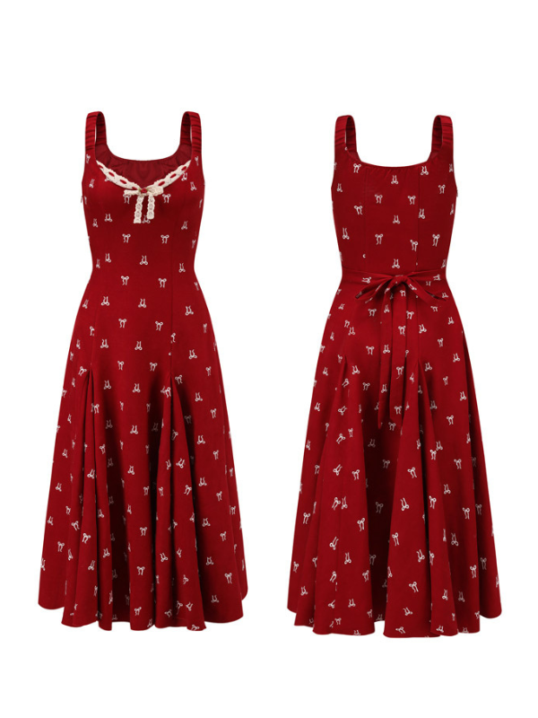 Vintage Red Bow Print Dress