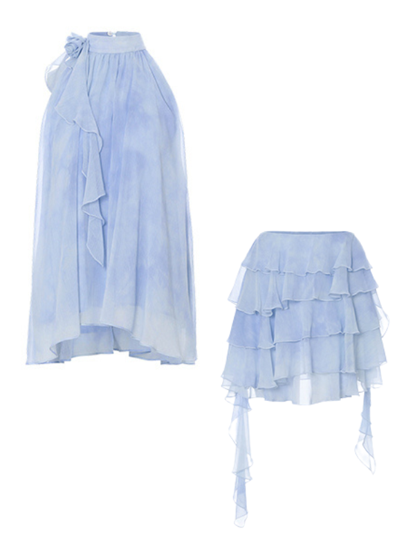 Ethereal Blue Ruffle Rose Halter Top