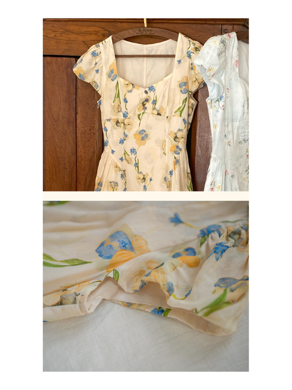 A cream floral dress with blue and yellow flower prints hangs elegantly alongside a pastel floral dress, creating a charming, vintage-inspired aesthetic. The second detail shot captures the soft, lightweight fabric and delicate floral patterns, evoking a dreamy, cottagecore feel.