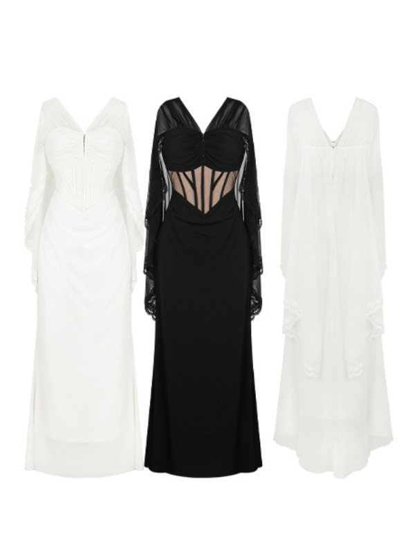 Ethereal Black Lace Drape Corset Gown