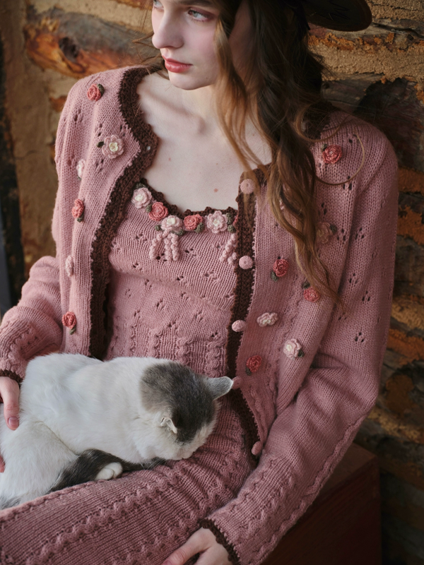 French Vintage Blooming Wool Knit Dress