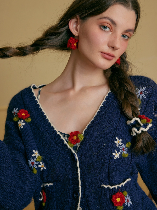 Navy Floral Wool Cardigan