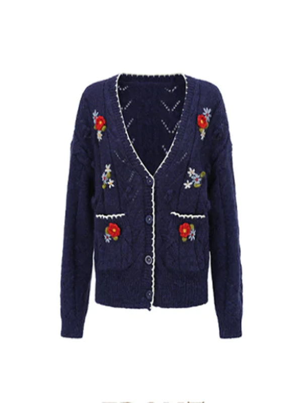 Navy Floral Wool Cardigan