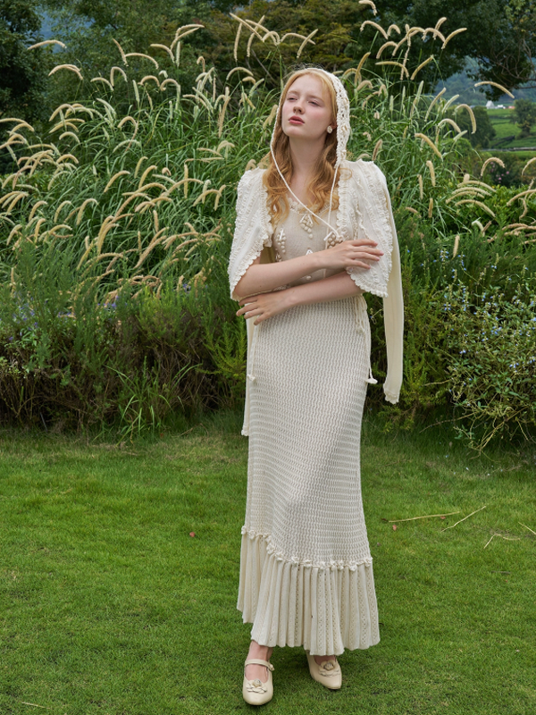Ivory Grape-Decor Wool Dress