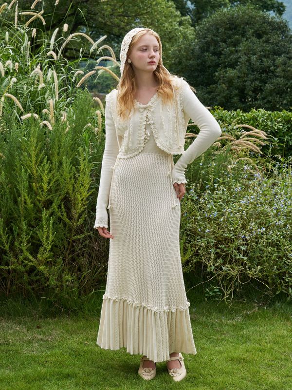 Ivory Grape-Decor Wool Dress