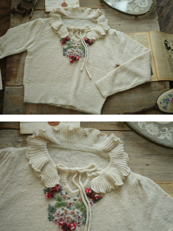 Frilled Collar Floral Embroidered Sweater