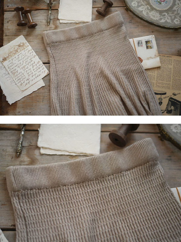 Simple Beige Pleated Wool Skirt