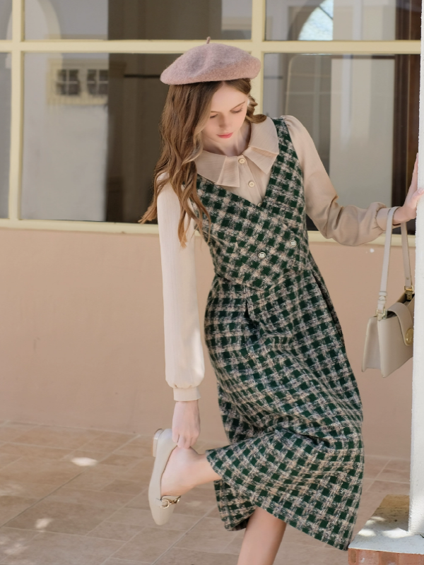 Vintage French Checkered Ensemble Dress