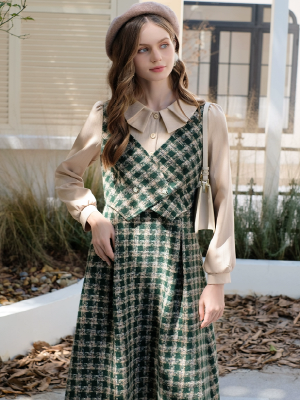 Vintage French Checkered Ensemble Dress