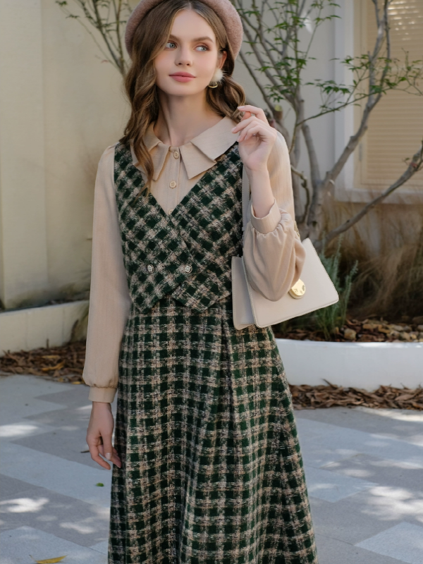 Vintage French Checkered Ensemble Dress