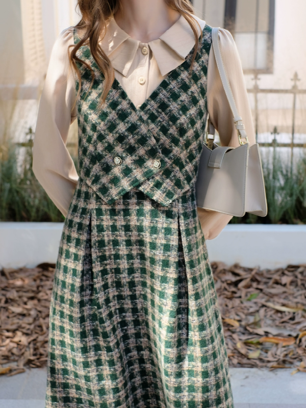 Vintage French Checkered Ensemble Dress