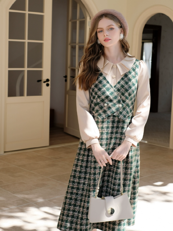 Vintage French Checkered Ensemble Dress