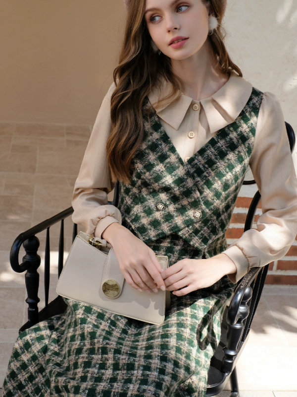 Vintage French Checkered Ensemble Dress