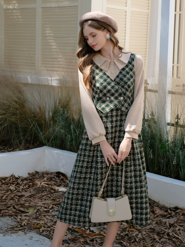 Vintage French Checkered Ensemble Dress