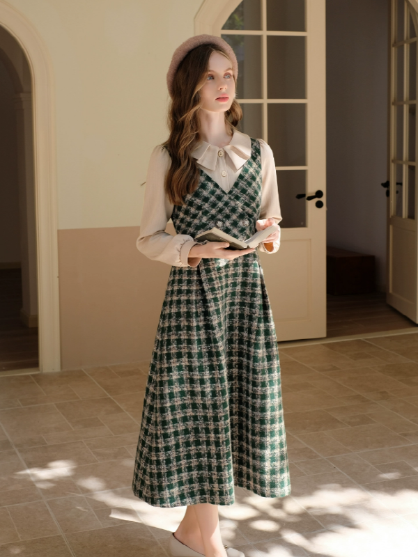Vintage French Checkered Ensemble Dress