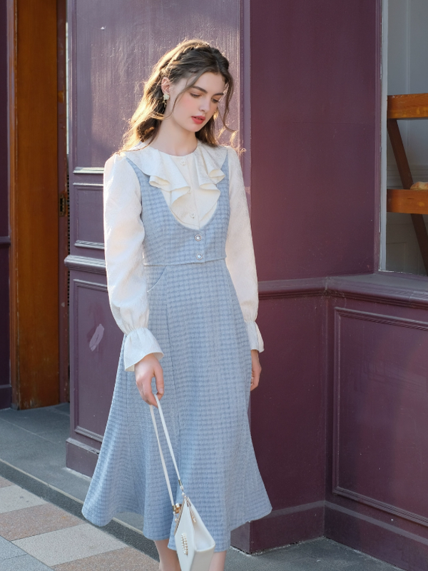 Floral Embroidered Sky-Blue Ensemble Dress
