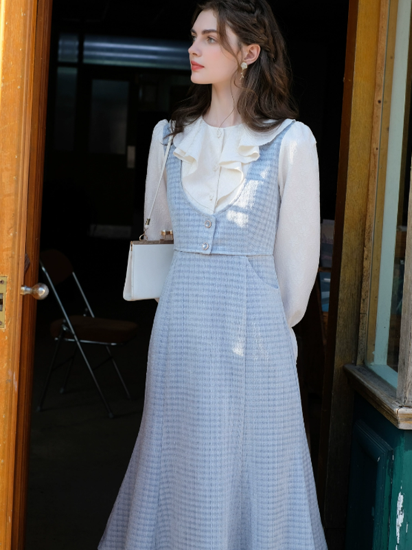 Floral Embroidered Sky-Blue Ensemble Dress