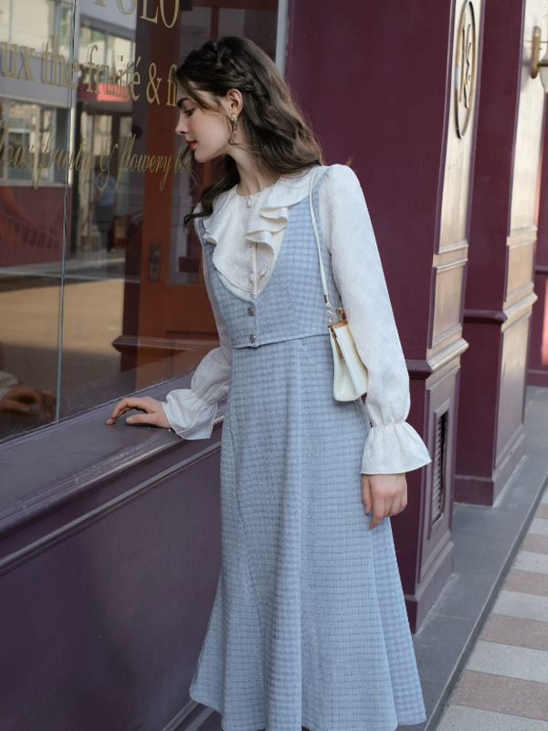 Floral Embroidered Sky-Blue Ensemble Dress