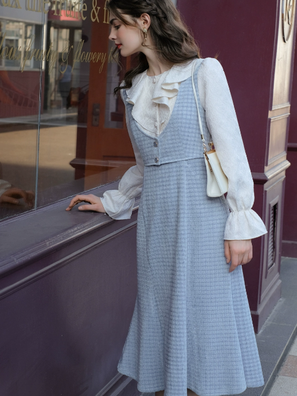 Floral Embroidered Sky-Blue Ensemble Dress