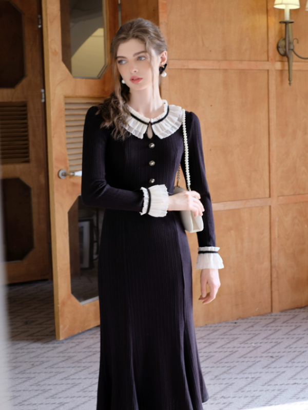 Elegant Frilled Noir Knit Dress