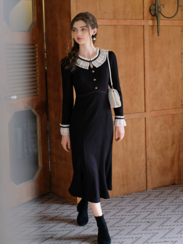 Elegant Frilled Noir Knit Dress