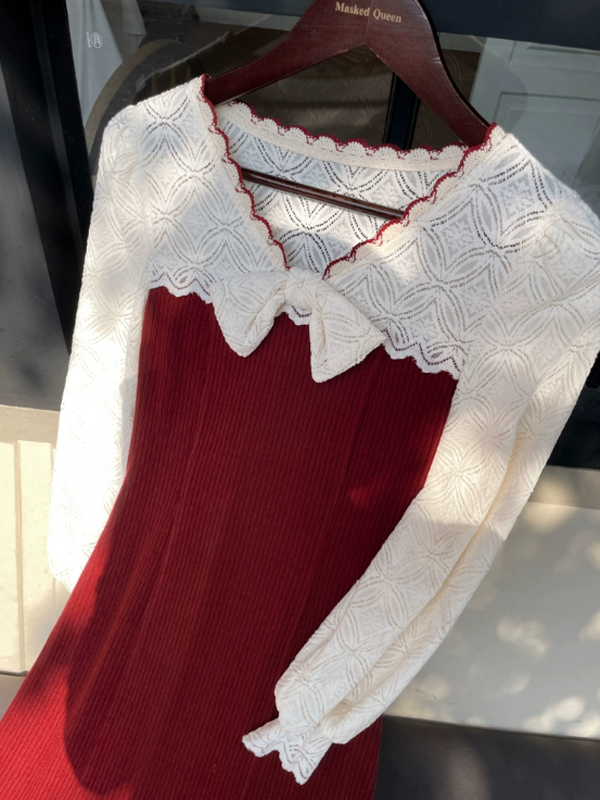 Charming Winter Lace & Ribbon Knit Dress