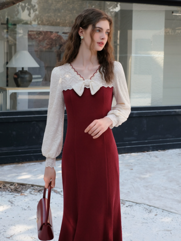 Charming Winter Lace & Ribbon Knit Dress