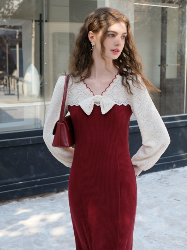 Charming Winter Lace & Ribbon Knit Dress