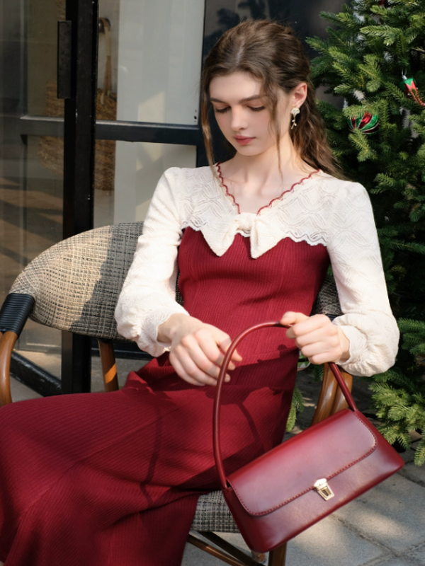Charming Winter Lace & Ribbon Knit Dress