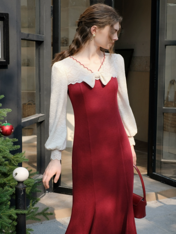 Charming Winter Lace & Ribbon Knit Dress