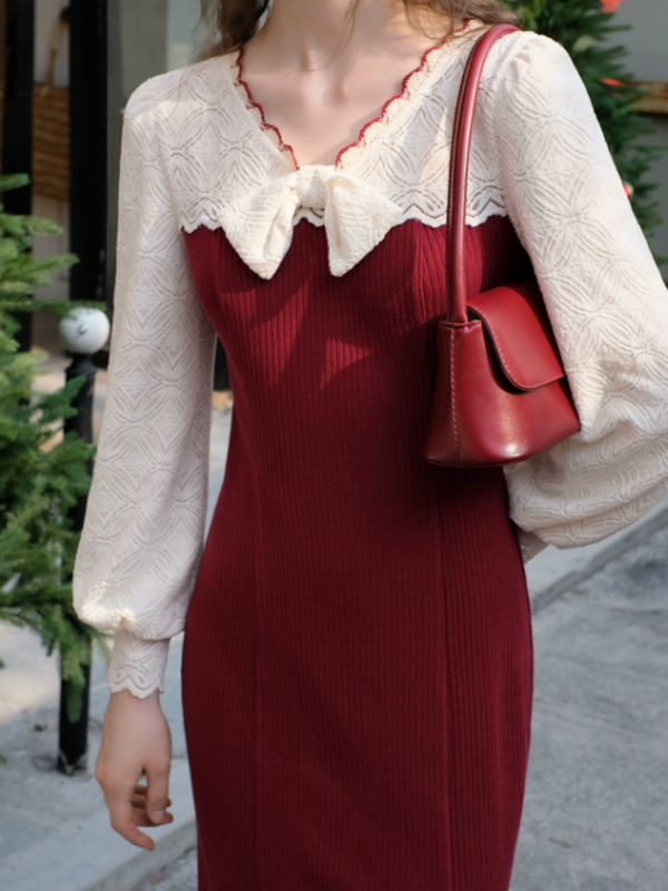 Charming Winter Lace & Ribbon Knit Dress