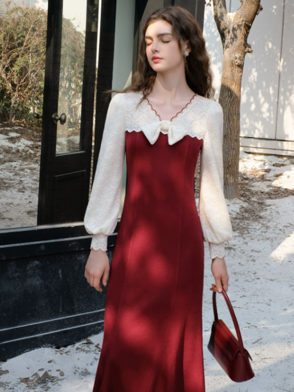 Charming Winter Lace & Ribbon Knit Dress