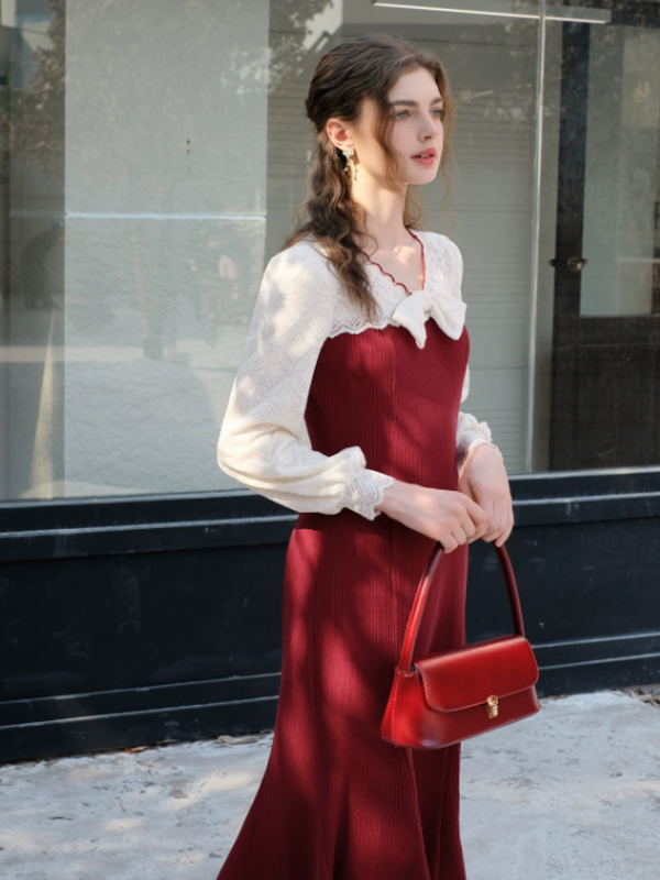Charming Winter Lace & Ribbon Knit Dress