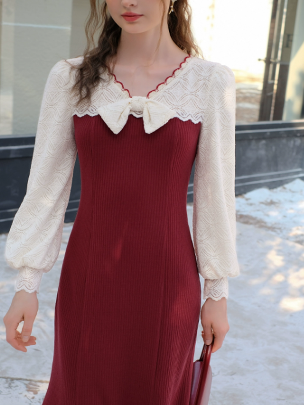 Charming Winter Lace & Ribbon Knit Dress
