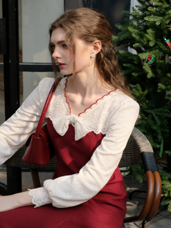 Charming Winter Lace & Ribbon Knit Dress