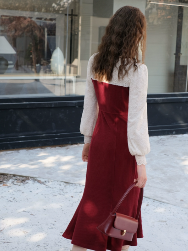Charming Winter Lace & Ribbon Knit Dress